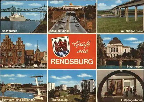 Rendsburg Hochbruecke Passagierschiff Rathaus Schwimmbad Hallenbad Parksiedlung Tunnel Stadttheater Autobahnbruecke Wappen Kat. Rendsburg