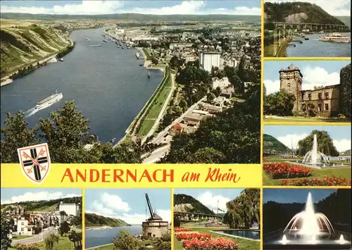 Andernach Panorama Rhein Binnenschifffahrt Bruecke Park Fontaene Wappen Kat. Andernach
