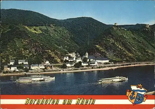 Kamp Bornhofen Blick ueber den Rhein Faehrschiff Wappen Kat. Kamp Bornhofen