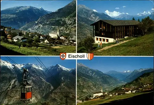 Eischoll Ortsansicht mit Kirche Balmhorn Metjen Bietschhorn Rhonetal Kabinenbahn Wappen Kat. Eischoll