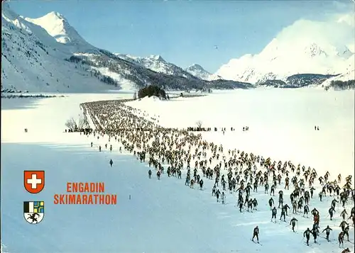 Sils Baselgia Engadiner Skimarathon Langlaeufer Wappen Alpenpanorama Wintersportplatz Kat. Sils Baselgia