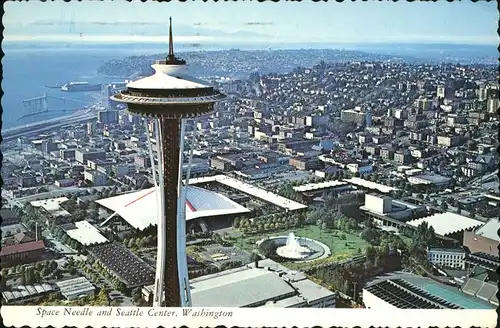 Seattle Space Needle and Seattle Center Fountain Stadium Exhibition Hall Elliot Bay aerial view Kat. Seattle