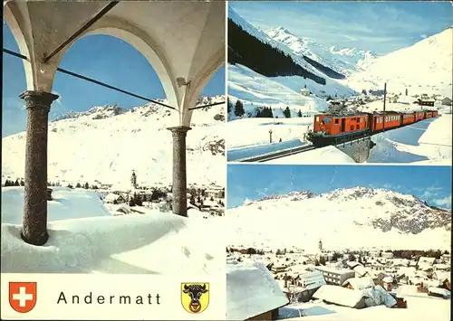 Andermatt Gesamtansicht Wintersportplatz Bergbahn Eisenbahn Wappen Alpenpanorama Kat. Andermatt