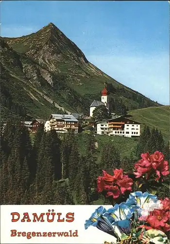 Damuels Vorarlberg Ortsansicht mit Kirche Damuelser Horn Bregenzerwald Sommerfrische Alpenblumen Kat. Damuels