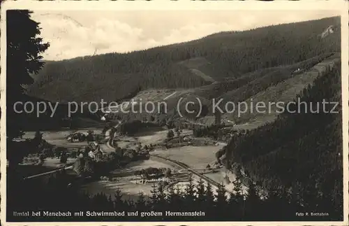 Manebach Ilmtal mit Schwimmbad und Grossem Hermannstein Kat. Ilmenau