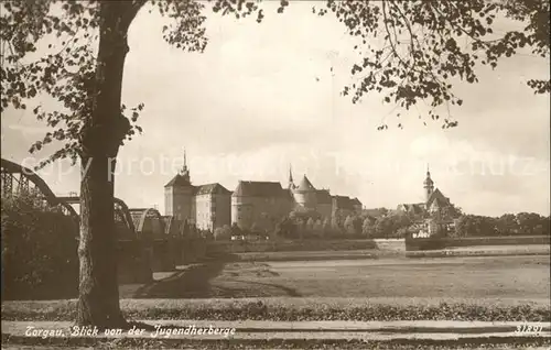 Torgau Blick von der Jugendherberge Schloss Hartenfels historische Bruecke Elbe Kirche Kat. Torgau