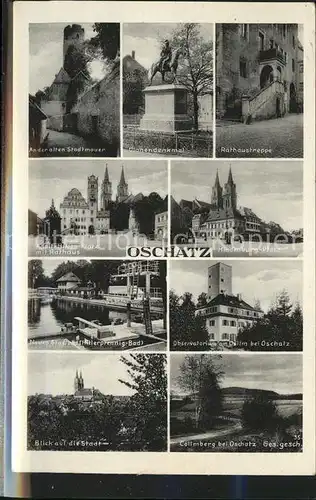 Oschatz Stadtmauer Turm Ulanendenkmal Rathaustreppe Hindenburg Platz St. Aegidien Kirche A.H. Platz Rathaus Brunnen Stadtbad Oberservatorium Collmberg Kat. Oschatz