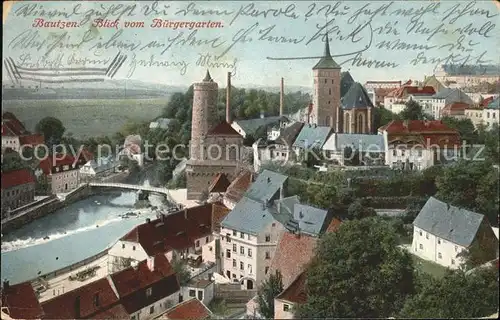 Bautzen Blick vom Buergergarten Spree Bruecke Kirche Turm Kat. Bautzen