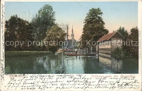 Luebbenau Spreewald Blick von der Goroschoa Wasserstrasse Kahn Kirche Kat. Luebbenau