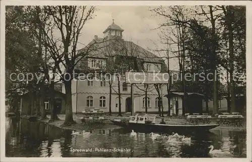 Luebbenau Spreewald Gasthaus Pohlenzschaenke Wasserstrasse Kahn Enten Kat. Luebbenau