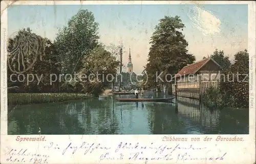 Luebbenau Spreewald Blick von der Goroschoa Wasserstrasse Kahn Kirche Kat. Luebbenau