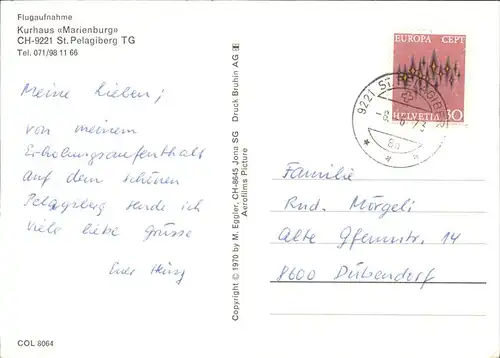 St Pelagiberg Kurhaus Marienburg Bodensee Fliegeraufnahme Kat. St Pelagiberg