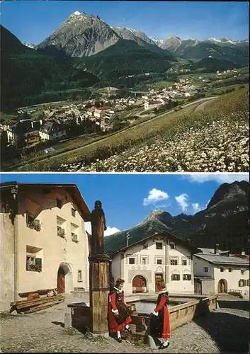 Scuol Panorama mit Pisocgruppe Dorfplatz Brunnen Trachten Alpines Heilbad Kat. Scuol