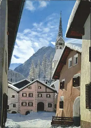 Tarasp Dorfgasse mit Piz Pisoc Kirche Wintersportplatz Alpines Heilbad Kat. Tarasp
