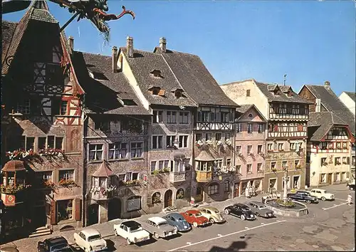 Stein Rhein Haeuserfront am malerischen Rathausplatz Brunnen Fachwerkhaus Kat. Stein Rhein