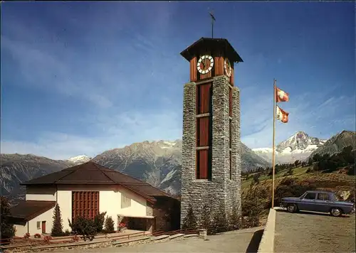 Buerchen Kirche mit Bietschhorn Berner Alpen Flagge Kat. Buerchen