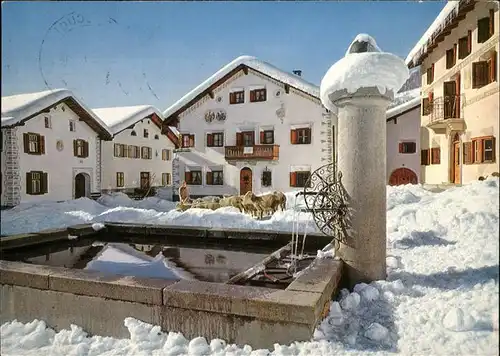 Scuol Wintersportplatz Heilbad Dorfplatz Brunnen Schafe Kat. Scuol
