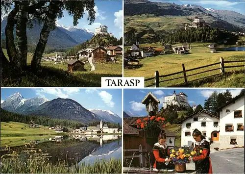 Tarasp Schloss mit Fontana und Sparsels Dorfbrunnen See gegen Val Plavna Kat. Tarasp