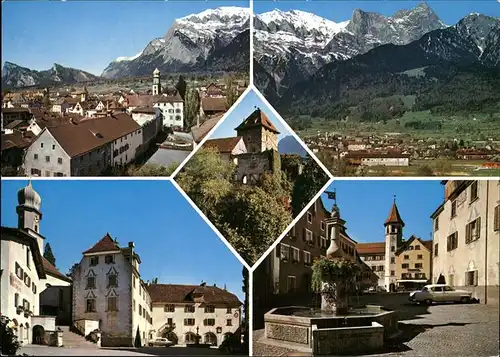 Maienfeld Gesamtansicht mit Alpenpanorama Falknis Gleckhoerner Kirche Schloss Brunnen Kat. Maienfeld