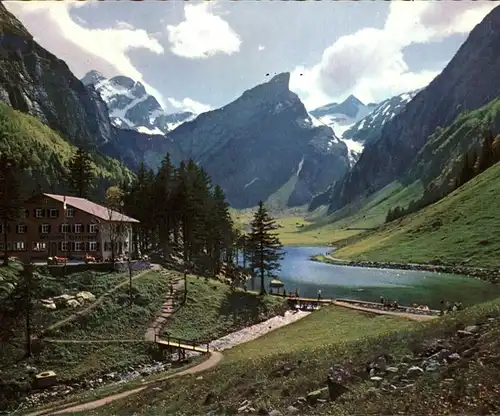 Appenzell IR Berggasthaus Seealpsee mit Altmann und Saentis Appenzeller Alpen Kat. Appenzell