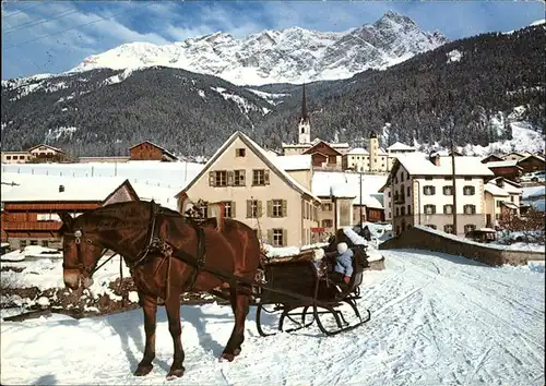 Savognin Ortsansicht mit Kirche Piz Mitgel Albula Alpen Pferdeschlitten Wintersportort Kat. Savognin