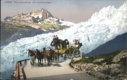 kk49024 Rhonegletscher Glacier du Rhone Furkastrasse mit Pferdepopstkutsche Kategorie. Rhone Alte Ansichtskarten