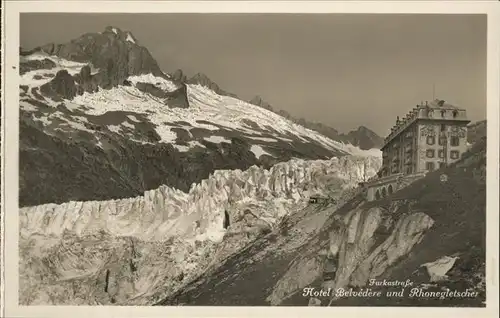 kk49181 Rhonegletscher Glacier du Rhone mit Hotel Belvedere an der Furkastrasse Kategorie. Rhone Alte Ansichtskarten