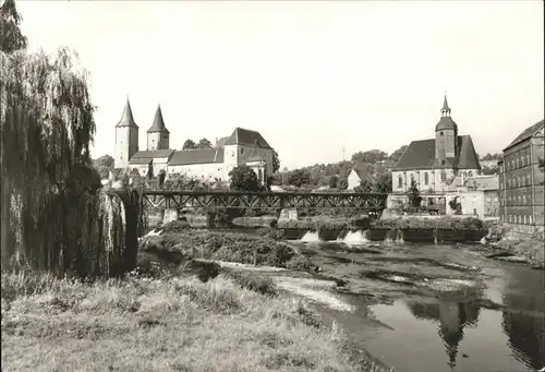 Rochlitz Sachsen Schloss mit Bahnbruecke Petrikirche und Schlossmuehle Kat. Rochlitz