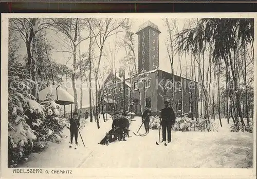 Adelsberg Chemnitz Adelsbergturm im Winter mit Ski  u.Schlittenfahrern Kat. Chemnitz