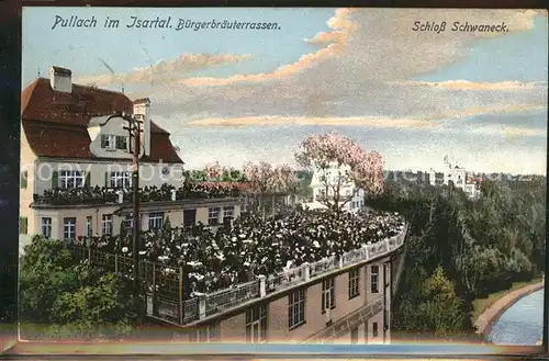 Pullach Isartal Buergerbraeuterrassen mit Blick auf Schloss Schwaneck Kat. Pullach i.Isartal
