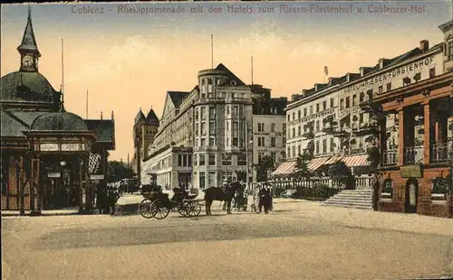 Koblenz Rhein Rheinpromenade Hotels "Zum Fuerstenhof" und "Koblenzer Hof" Pferdekutsche Kat. Koblenz