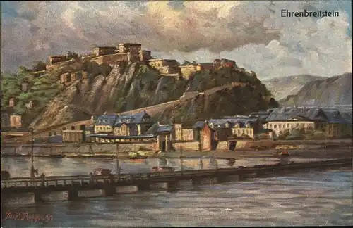 Ehrenbreitstein Schiffbruecke Koblenz Burg Kuenstlerkarte Kat. Koblenz