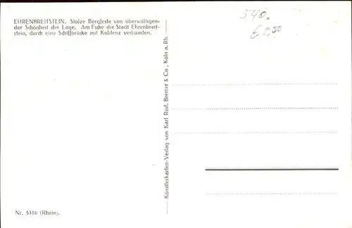 Ehrenbreitstein Schiffbruecke Koblenz Burg Kuenstlerkarte Kat. Koblenz