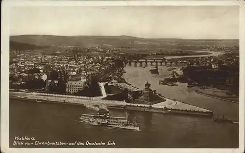 Koblenz Rhein Blick vom Ehrenbreitstein auf Deutsches Eck Schiffe Rhein Denkmal Kat. Koblenz