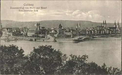 Koblenz AG Zusammenfluss Mosel Rhein Deutsches Eck Schiffe Denkmal Kat. Koblenz