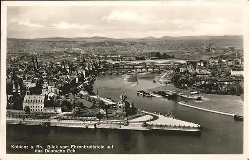 Koblenz Rhein Blick vom Ehrenbreitstein auf Deutsches Eck Schiffe Rhein Denkmal Kat. Koblenz