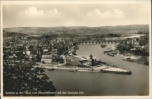 Koblenz Rhein Blick vom Ehrenbreitstein auf Deutsches Eck Schiffe Rhein Denkmal Kaiser Wilhelm Kat. Koblenz