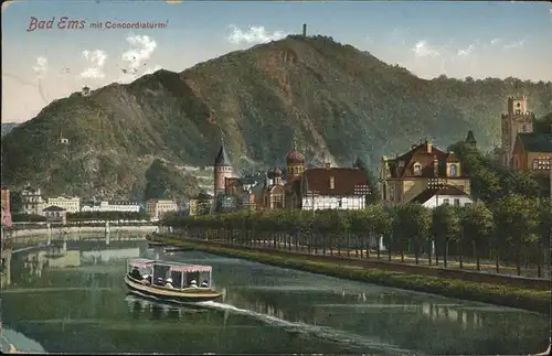 Bad Ems Flusspanorama mit Concordiaturm Schiff Kat. Bad Ems