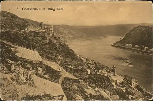 St Goarshausen Rheinpanorama mit Burg Katz Kat. Sankt Goarshausen