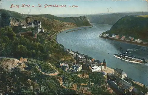 St Goarshausen Rheinpanorama mit Burg Katz Schiffe Kat. Sankt Goarshausen