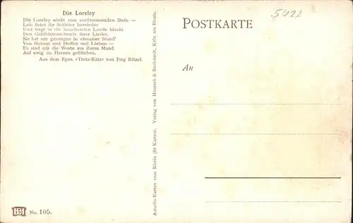 Loreley Lorelei Kuenstlerkarte Felsen Rhein Schiff Kat. Sankt Goarshausen