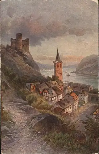 St Goarshausen Burg Maus Kuenstlerkarte Rheinpanorama Kat. Sankt Goarshausen