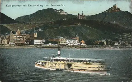 Koenigswinter Rheinpanorama mit Drachenberg und Drachenfels Schiff Kat. Koenigswinter
