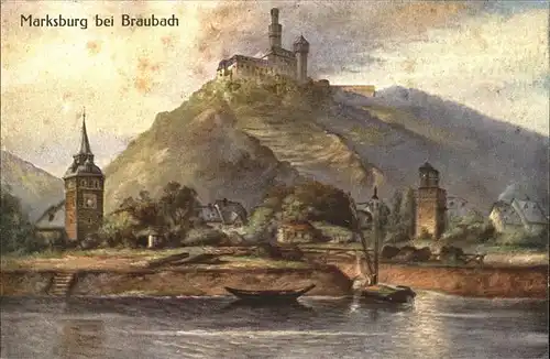 Braubach Rhein Rheinpanorama mit Marksburg Kuenstlerkarte / Braubach /Rhein-Lahn-Kreis LKR