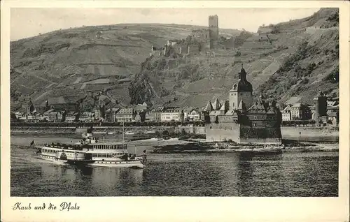 Kaub Rheinpanorama mit Pfalz und Burg Schiff Kat. Kaub
