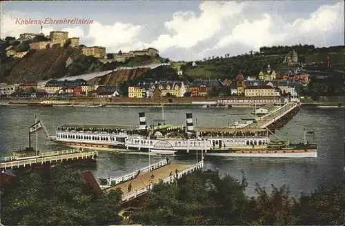 Koblenz Rhein Rheinpanorama mit Ehrenbreitstein Schiff Bruecke Kat. Koblenz