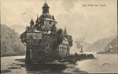 Kaub Rheinpanorama mit Pfalz Kuenstlerkarte Kat. Kaub