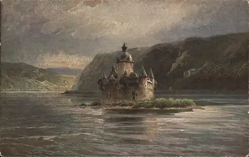 Kaub Rheinpanorama mit Pfalz Kuenstlerkarte Kat. Kaub