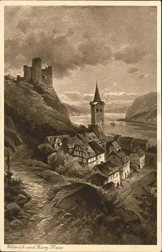 Wellmich Rheinpanorama mit Burg Maus Kuenstlerkarte Kat. Sankt Goarshausen