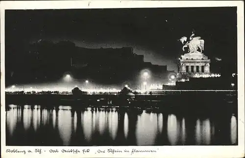 Koblenz Rhein Deutsches Eck bei Nacht Kaiser Wilhelm Denkmal Kat. Koblenz